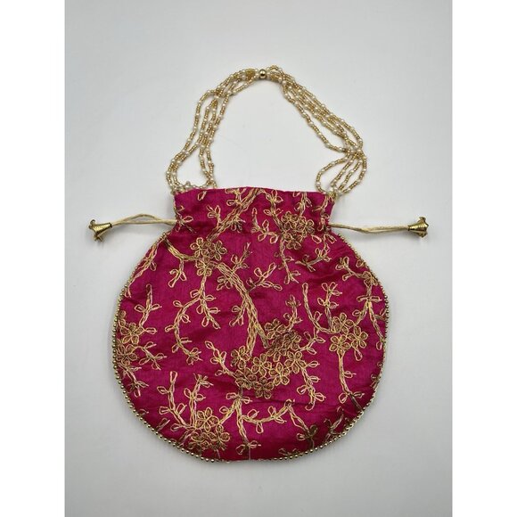 PINK Gold Clutch Silk Bag Boho Formal/POTLI /Purse Applique Beaded SEE ALL - Picture 2 of 16